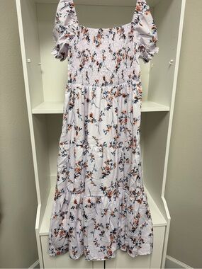 SHEIN White Midi Dress with Orange & Navy Floral Print